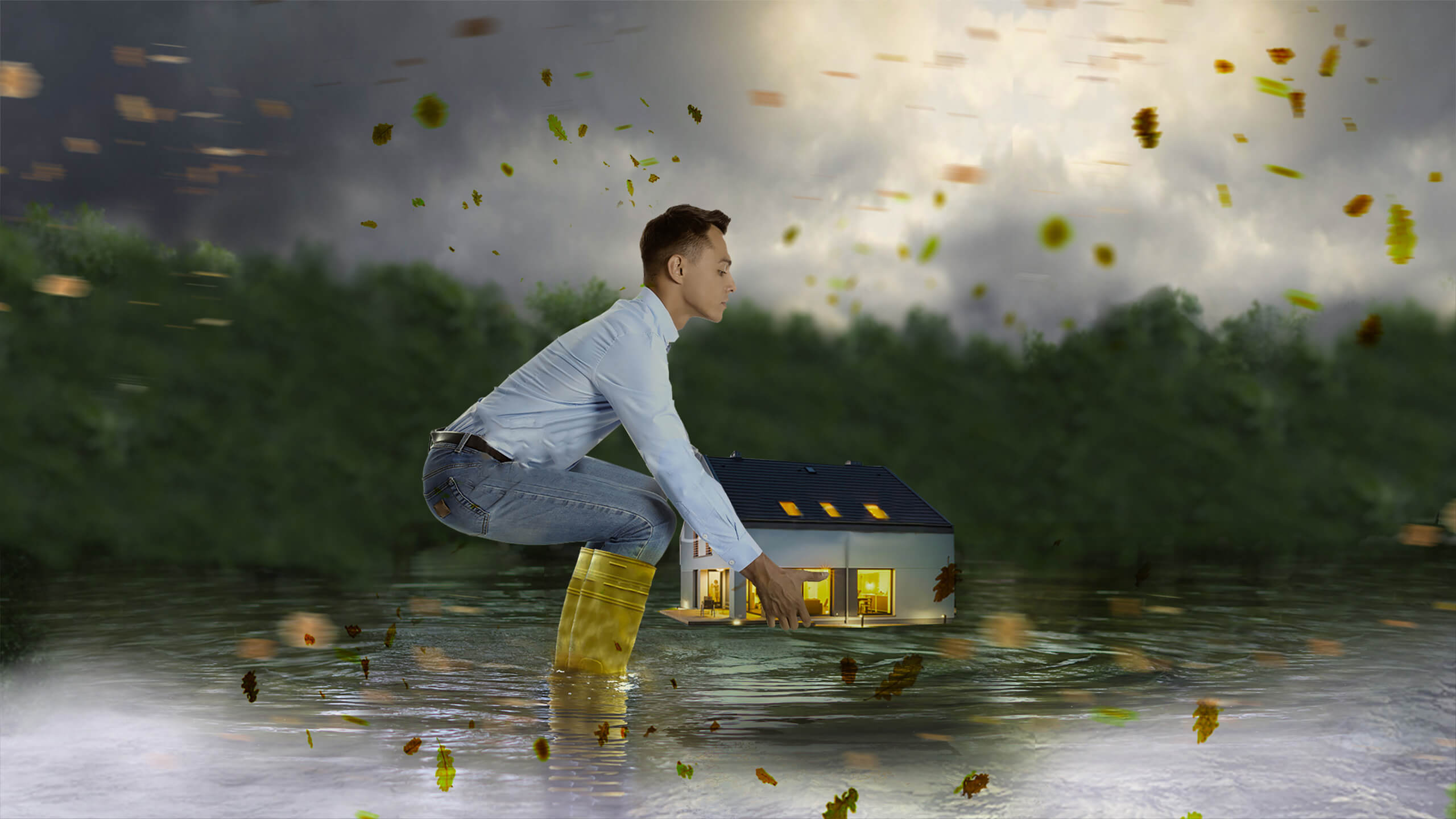 在暴风雨中保护家园的人